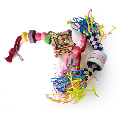 Set of 5 colorful parrot bite toys with braided ropes, wooden beads, shredded paper, and bells. Two budgerigars interact with the toys. - Image 5