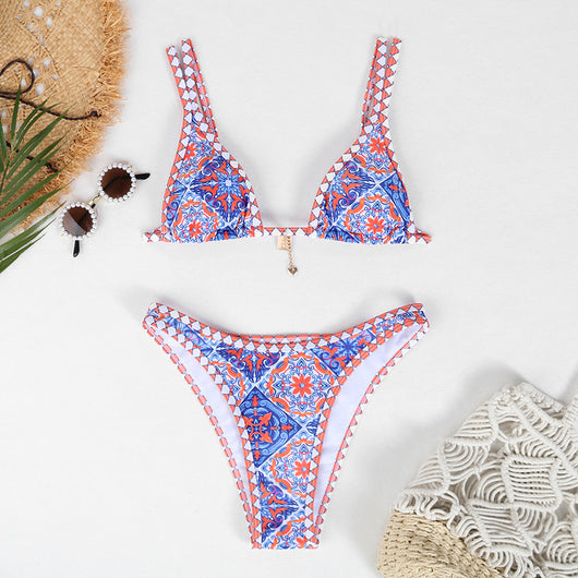 Retro 4-color printed women's bikini with red, blue, and white paisley pattern, featuring a triangle top and high-cut bottom. - Image 6