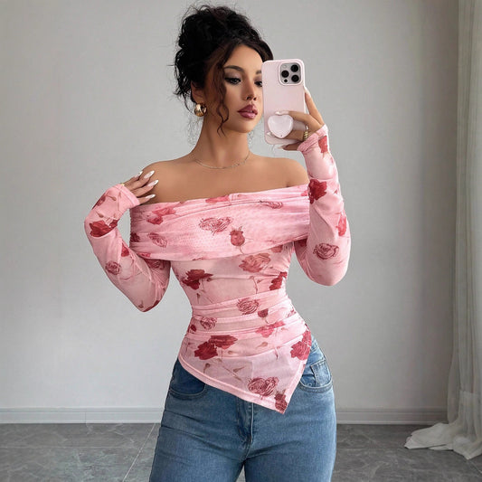 Blusa Asimétrica Ajustada con Volantes y Estampado Versátil
