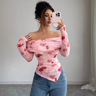 Blusa Asimétrica Ajustada con Volantes y Estampado Versátil