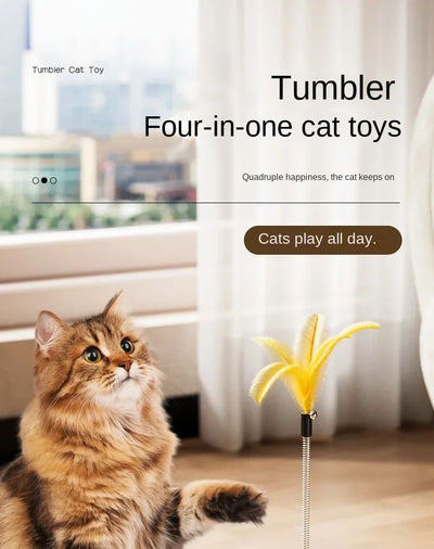 Yellow UFO tumbler cat toy with rolling balls, a clear dome, and a spring-mounted feather wand with a bell. - Image 19