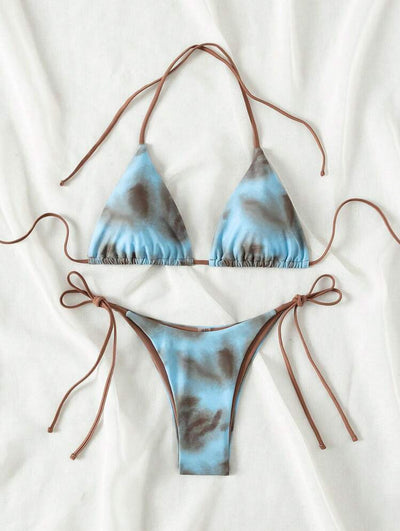 Women's two-piece bikini swimsuit with blue and neon yellow tie-dye pattern, featuring a triangle top and tie-side bottom. - Image 11