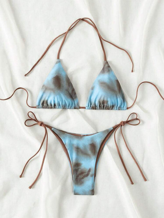 Women's two-piece bikini swimsuit with blue and neon yellow tie-dye pattern, featuring a triangle top and tie-side bottom. - Image 11