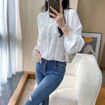 Blusa Elegante de Encaje Manga Larga Cuello Redondo Blanco - Image 7