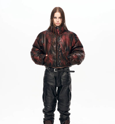 Chaqueta Puffer Corta de Cuero con Cuello Alto y Fruncido - Image 6