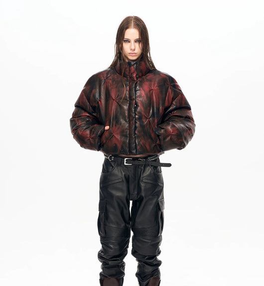 Chaqueta Puffer Corta de Cuero con Cuello Alto y Fruncido - Image 6
