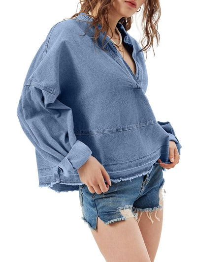 Blusa Denim Holgada de Cuello V y Manga Larga Versátil - Image 14