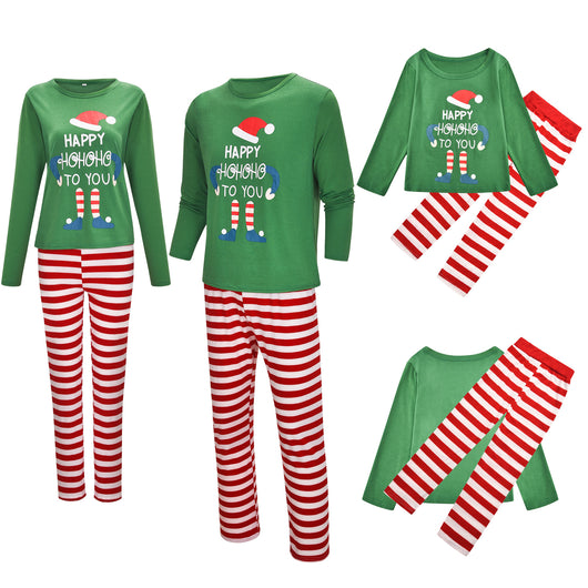 Matching green and red Christmas parent-child pajama set with 'Happy Hohoho To You' elf print tops and striped pants. - Image 21
