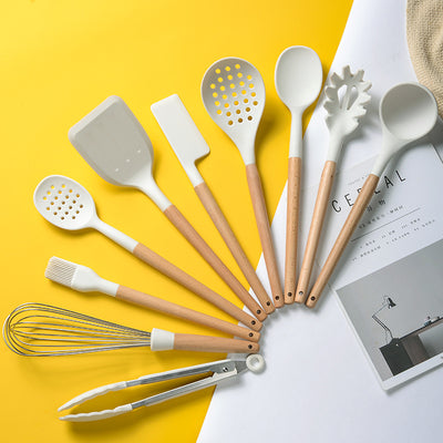 Set de Utensilios de Cocina en Silicona con Mango de Madera Crema - Image 11