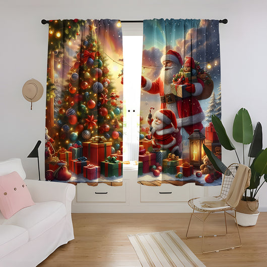Christmas curtain with a snowy village scene, Santa Claus, flying reindeer, and piles of wrapped gifts. - Image 35
