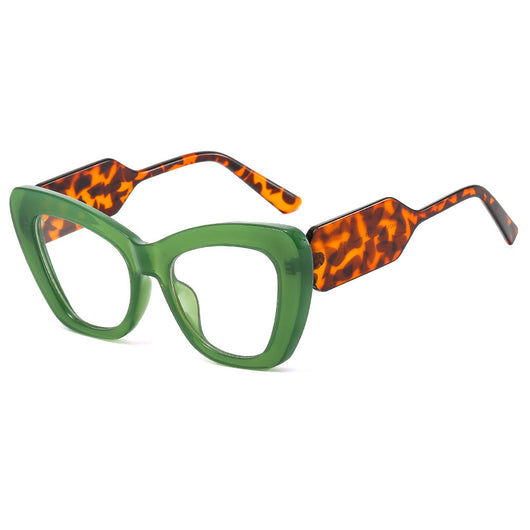 Pink cat-eye sunglasses with green temples and brown to pink gradient lenses on a white background. - Image 10