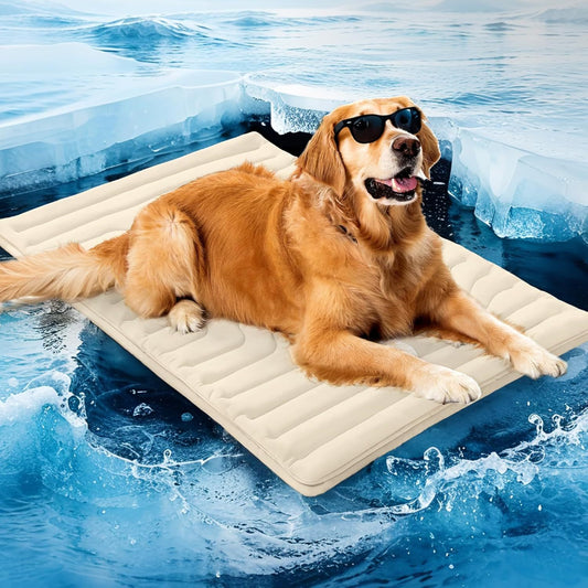 Golden retriever wearing sunglasses on a light gray quilted pet cooling mat, floating on icy blue water. - Image 2