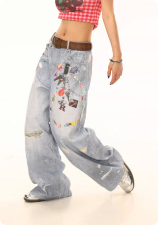 Jeans Holgados Estilo Americano con Estampado de Cadena para Mujer - Image 5