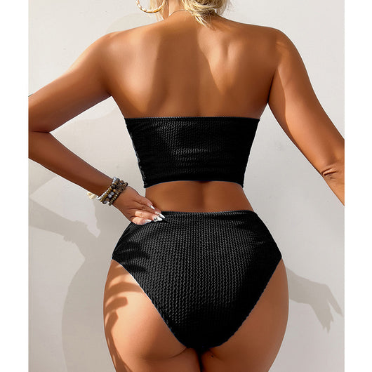 Blue high-waisted bikini set with a textured bandeau top and high-cut bottoms, laid flat on white. - Image 20
