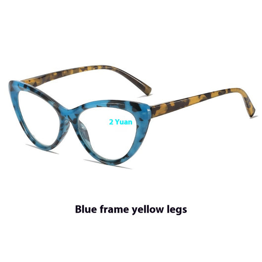 Black cat-eye anti-blue light reading glasses with green patterned temples on a white background. - Image 6