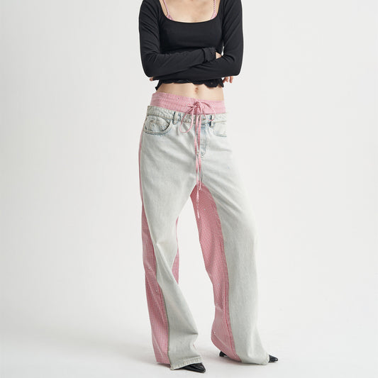 Jeans Rosa con Diseño Patchwork Cuadros para Mujer