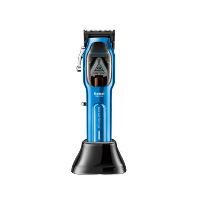 Blue electric hair clipper set with charging base, USB cable, cleaning brush, oil, and six guide combs. - Image 2