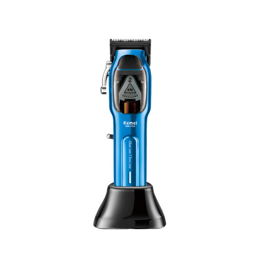 Blue electric hair clipper set with charging base, USB cable, cleaning brush, oil, and six guide combs. - Image 2