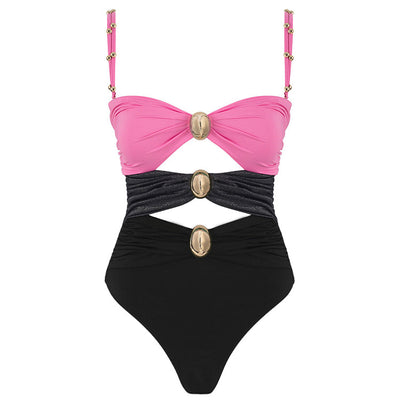 Pink, black, and dark gray color-block one-piece swimsuit with gold round buckles and a sheer black maxi skirt. - Image 8