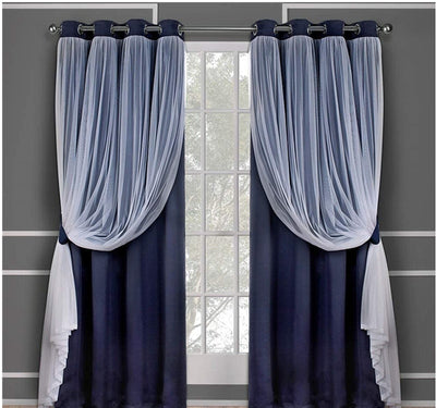 Dark blue double layer shading curtains with white sheer lace overlays, hung on a silver grommet rod. - Image 8