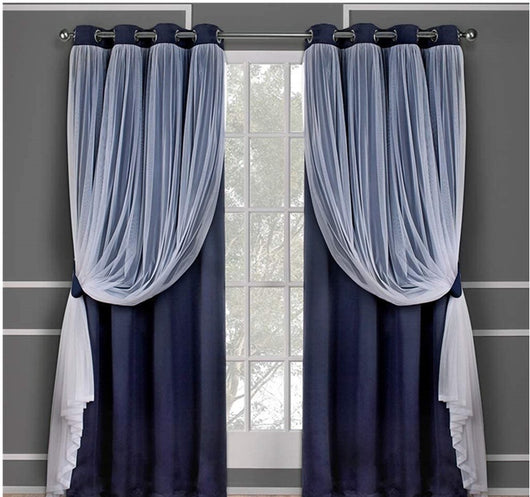 Dark blue double layer shading curtains with white sheer lace overlays, hung on a silver grommet rod. - Image 8
