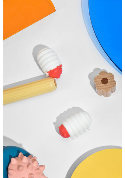 White and red interactive cat toy shaped like a segmented caterpillar with small legs and antennae. - Image 10