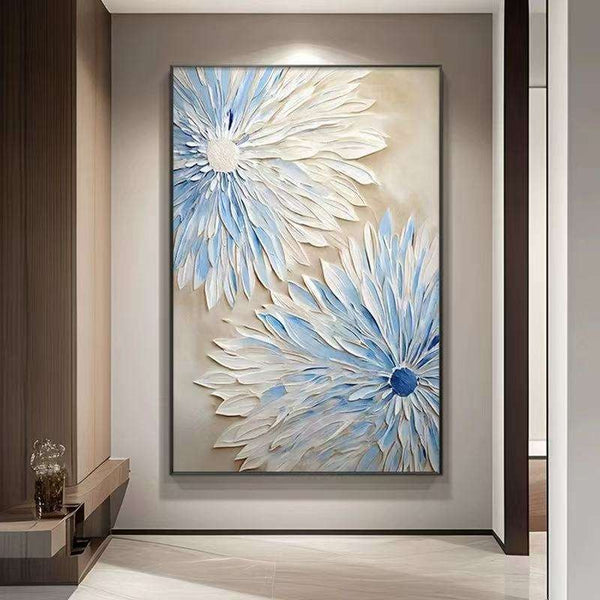 Cuadro Abstracto de Flores Azul y Blanco – Pintura al Óleo Moderna sobre Lienzo