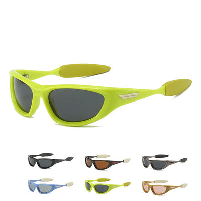Black polarized sports sunglasses with a wrap-around frame and dark lenses, shown with five other color options. - Image 7