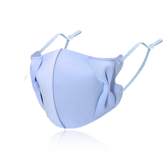 Light blue ice silk face mask with decorative bows on the sides and adjustable ear loops, shown on a white background. - Image 9