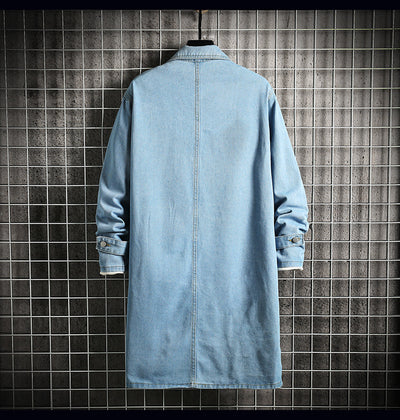 Abrigo Tipo Trench Denim Hombre Largo Casual Suelto - Image 14