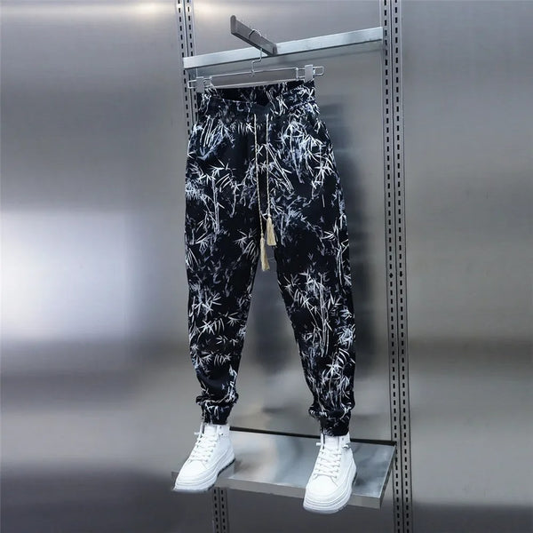 Pantalones Harem Sueltos de Seda Helada con Estampado Floral para Hombre