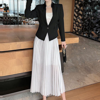 Conjunto de Blazer Negro y Falda Plisada de Dos Piezas para Mujer