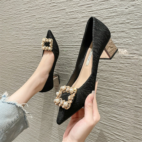 Tacones Altos Punta Afilada Perla Estilo Hada