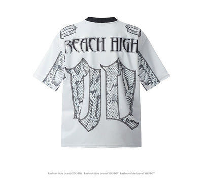 White mesh jersey t-shirt with a V-neck and short drop-shoulder sleeves, featuring a black and white snake scale design. - Image 10