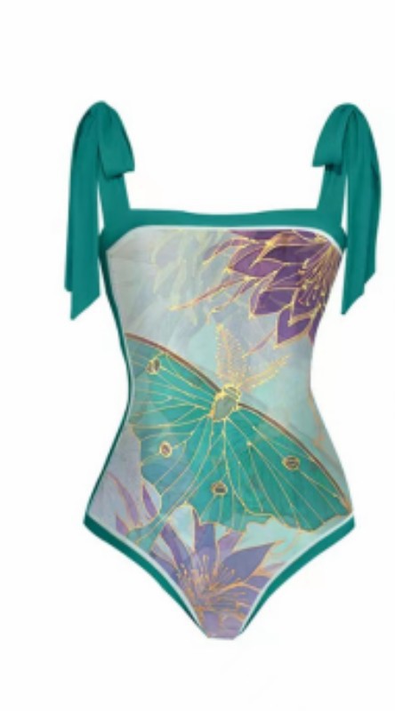 One-piece swimsuit with purple tie-shoulder straps, square neckline, and a teal butterfly and floral print. - Image 9