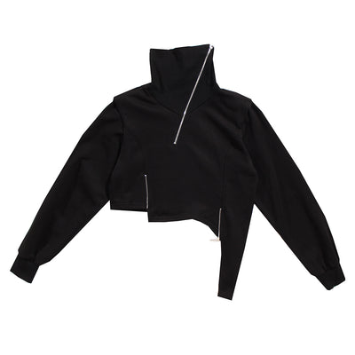 Sudadera Cuello Alto con Cierre Diagonal y Dobladillo Irregular