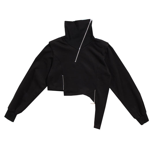 Sudadera Cuello Alto con Cierre Diagonal y Dobladillo Irregular