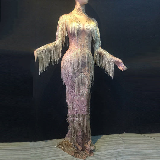 Falda de Danza Latina con Flecos de Cristal y Malla Elástica - Image 10