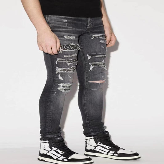 Jeans Slim Fit Gris con Parches de Flores de Marañón y Detalles Perforados - Image 2