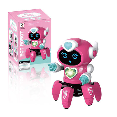 Pink and blue smart dancing robot toy with six legs, LED lights, and a smiling face on its screen. - Image 9