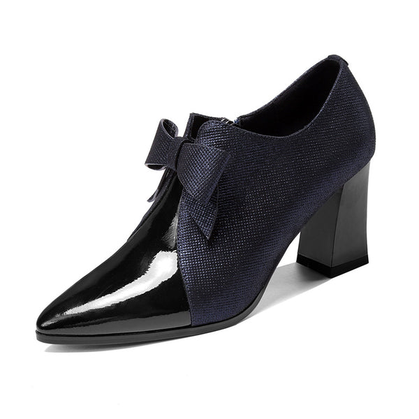 Zapatos de Tacón Alto Punta Fina con Moño y Talón Grueso