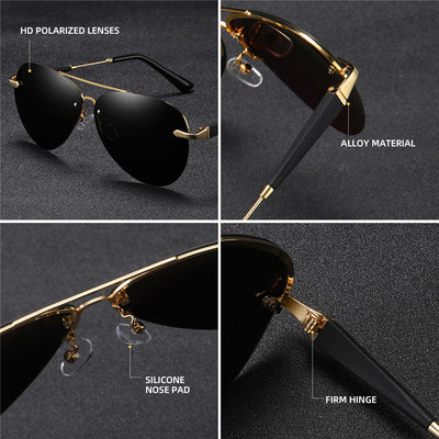 Classic rimless aviator sunglasses with black metal frames and dark black-gray polarized lenses on a white background. - Image 11