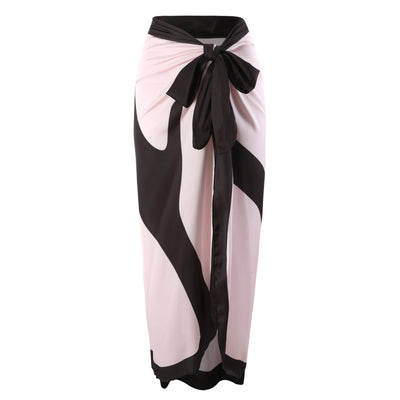 Women's light pink one-piece bikini with black handprint pattern and matching tie-waist sarong. - Image 13