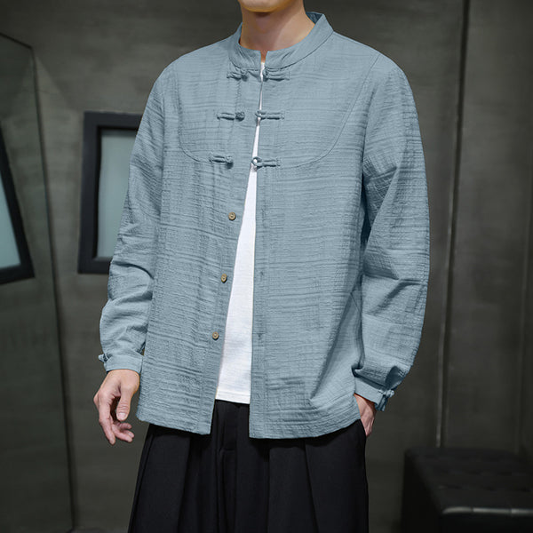 Camisa Retro Tang Chino - Algodón y Lino con Cierre Tradicional para Hombre