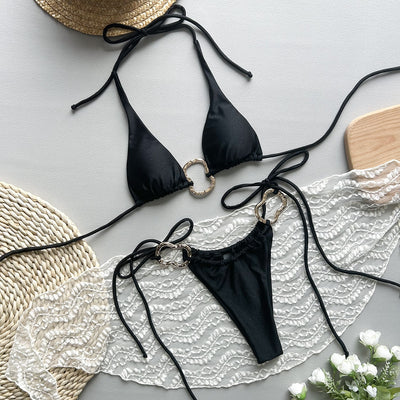 Bikini Entallado de Color Liso con Lazos Ajustables - Image 11