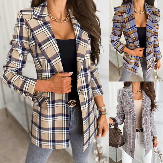 Blazer Cuadrillé Europeo para Mujer - Chaqueta Larga Elegante