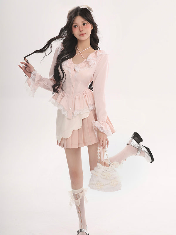 Blusa con Encaje Volantes y Falda Plisada Pétalos - Image 5