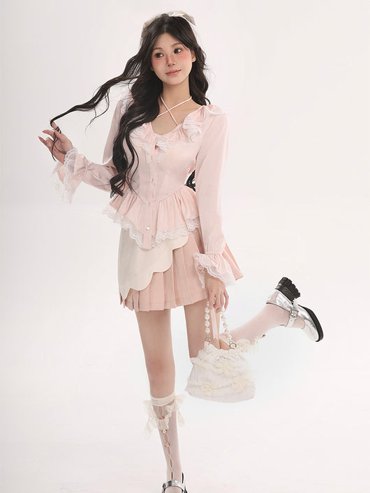 Blusa con Encaje Volantes y Falda Plisada Pétalos - Image 5