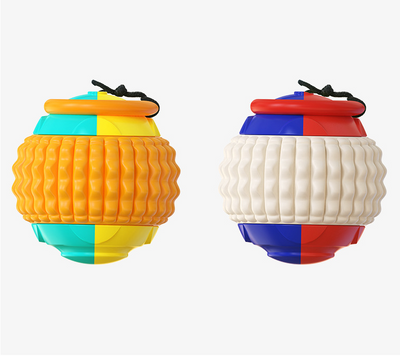 Blue, red, and beige plastic dog toy ball with a textured surface and black rope, next to a golden retriever puppy. - Image 10