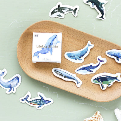 Box of 'Lifelog sticker' whale stickers with various blue whale designs scattered on a light blue plate. - Image 6